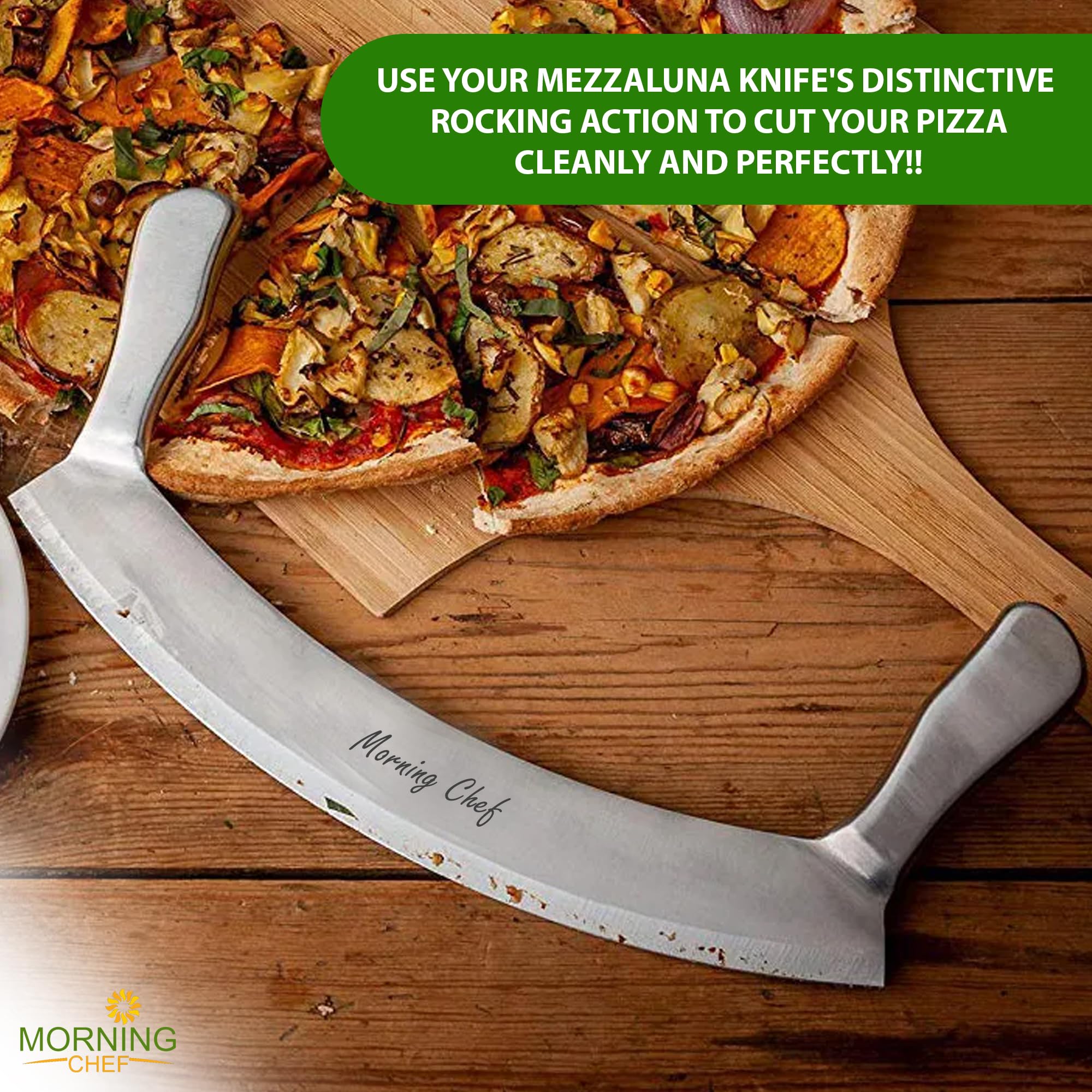 Morning Chef 12" Stainless Steel Mezzaluna Knife | Pizza Cutter | Chopper Dicer Mincer | Curved Blade with Steel Handles | Mezzaluna Sheath Pizza Cutter Rocker, Rocker Knife Veggie Cutter