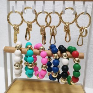 Junyuerly Wristlet Keychain Silicone Beaded Key Ring Bracelet for Women Elastic Bangle Key Chain Holder (Gold bead + white bead)