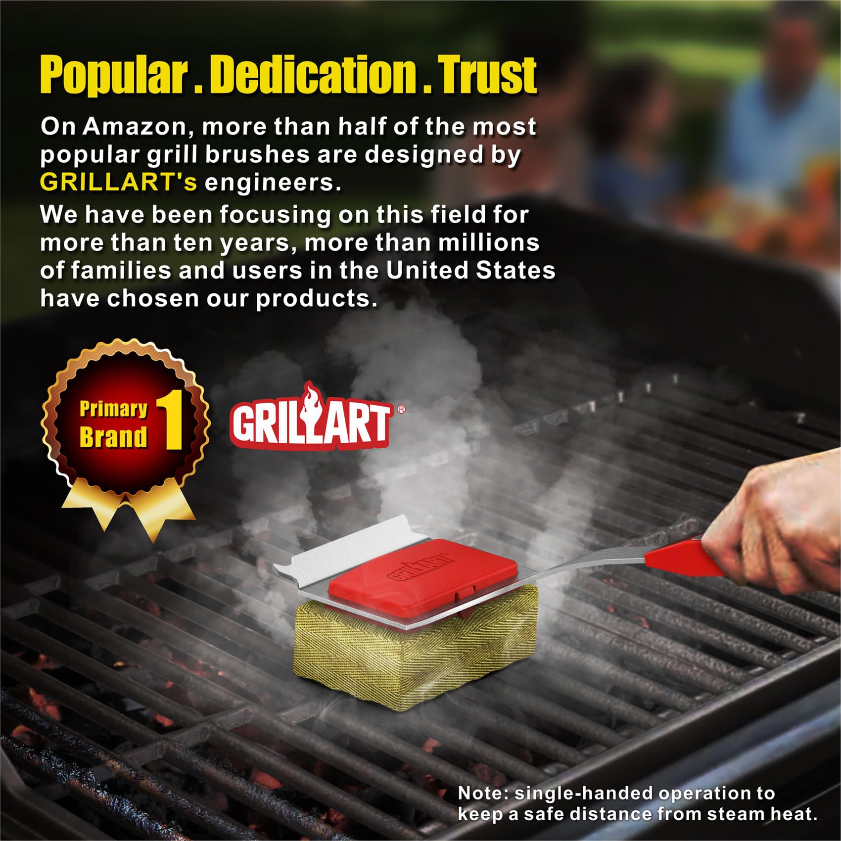 GRILLART Grill Brush Bristle Free. SteamWizards BBQ Replaceable Cleaning Head, Unique Seamless-Fit Scraper Tool for Cast Iron/Stainless-Steel Grates, Safe Barbecue Grill Cleaner-Red