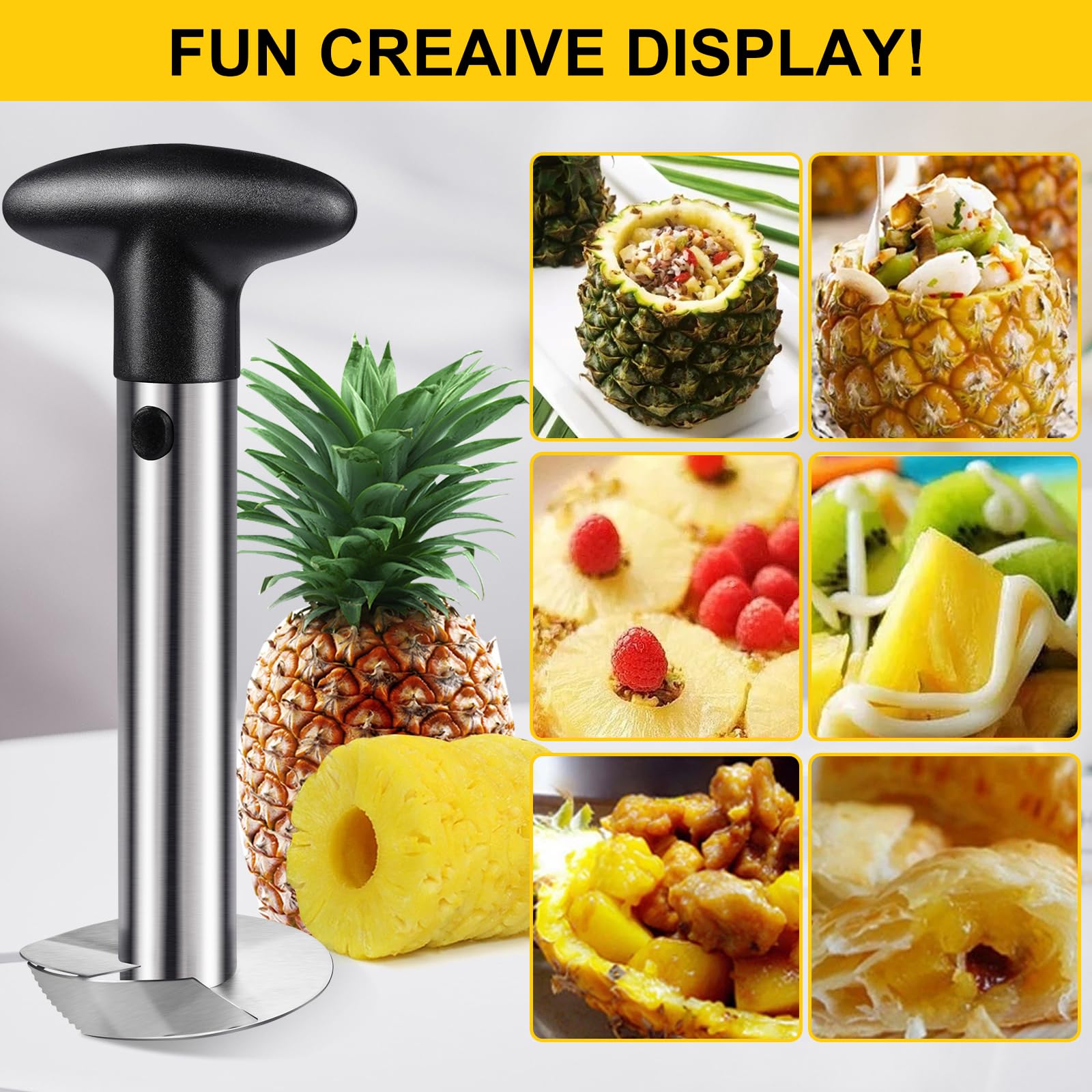 Tyuoikom Pineapple Cutter and Corer, Durable Pineapple Corer Remover with Upgraded Cutter & Sharp Teeth, Stainless Steel Kitchen Pineapple Slicer Tool, Black Handle