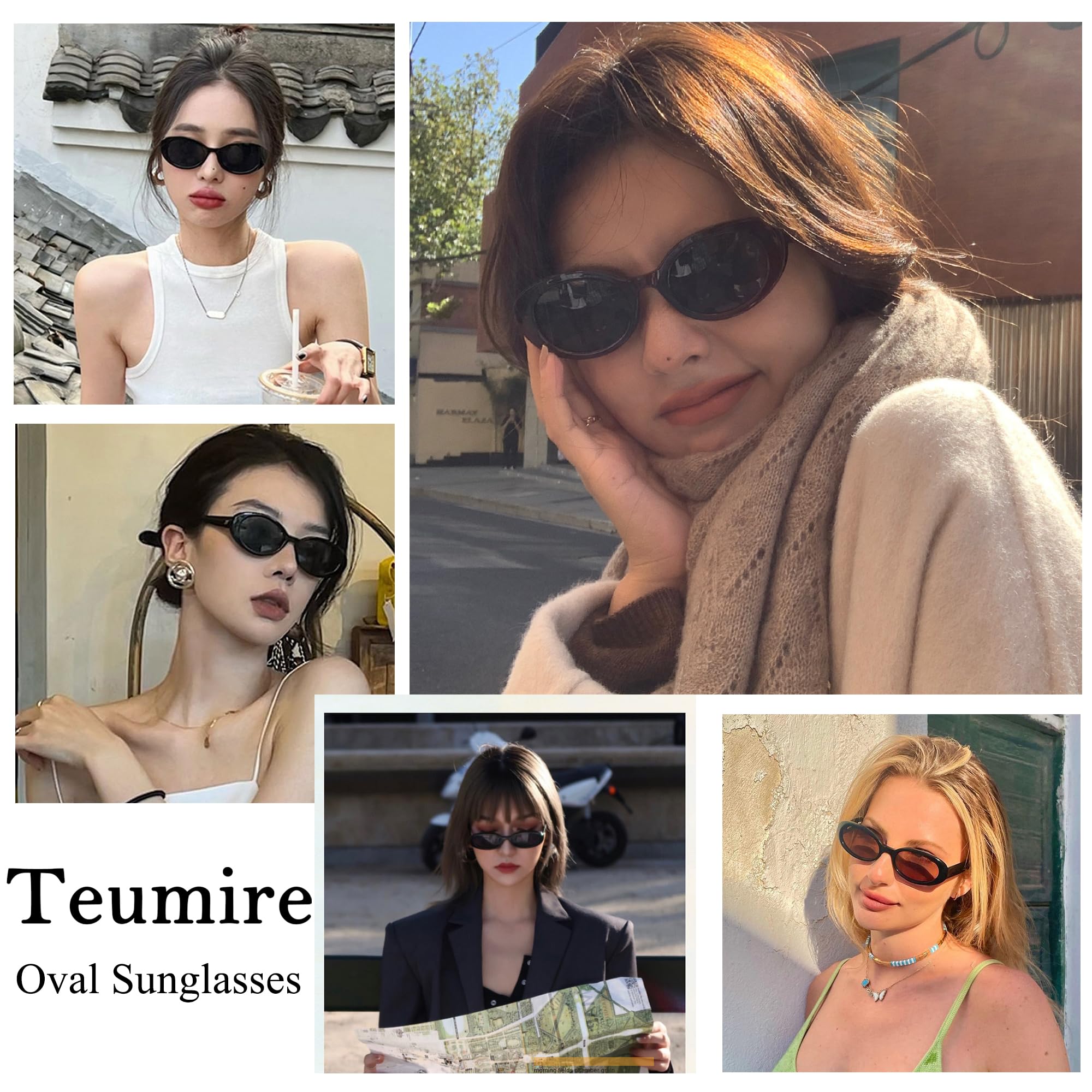 Teumire Retro Oval Sunglasses for Women Men 90s Style Vintage Small Sun Glasses UV400 Protection Shades(Black)