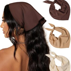 AWAYTR 3Pcs Hair Bandanas Head Kerchief for Women Girls Tie-Back Boho Hair Scarf Headband Bandana Triangle Head Scarf (Solid Color - Beige/Khaki/Brown)