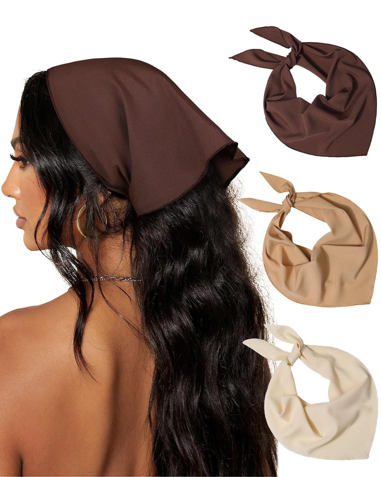 AWAYTR 3Pcs Hair Bandanas Head Kerchief for Women Girls Tie-Back Boho Hair Scarf Headband Bandana Triangle Head Scarf (Solid Color - Beige/Khaki/Brown)