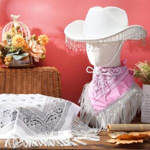 Xtinmee 5 Pcs Rhinestone Cowgirl Hat Bandana with Fringe Earrings 1 Cowboy Hat 2 Disco Fringe Tassel Bandanas and 2 Earrings (White,Modern Style)