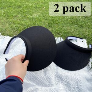 2 Pack Visors Hat Women Cloth Wide Brim Clip on Summer Golf Hats Hiking Running Adjustable UV Protection Outdoor (2pcs,Black)