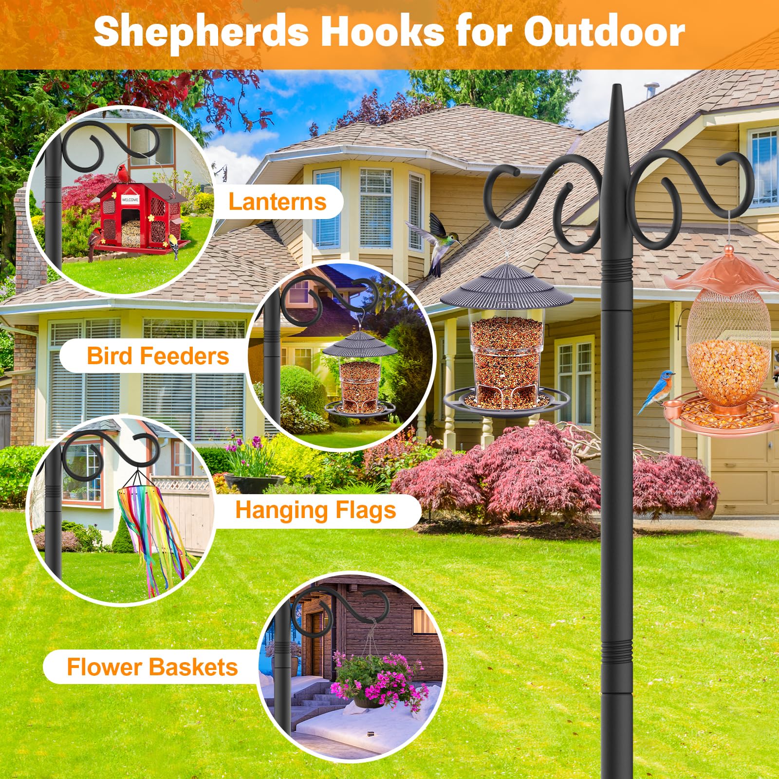 NUERPO Adjustable Shepherd Hooks for Outdoor,2 Pack 108 Inch 5 Prong Base Bird Two Sided Feeder Poles,Heavy Duty Shepherds Hook,Suitable for Garden in Hanging Flower Basket,Lantern,Bird Nests