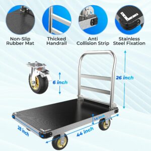 PHEXOD Extra Large Platform Truck Cart, 44 x 28 Dolly Cart Heavy Duty Push Cart Dolly with 2500 LBS Capacity, Foldable Flat Cart Hand Trucks with Non-Slip Mat and 6" Swivel Brake Wheels