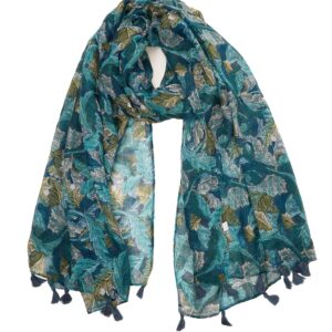 YOUR SMILE Large Boho Scarf for Women Lightweight Floral Printed Scarves Fall Winter Fashion Fringed Shawl wraps (01 Teal Leaves)