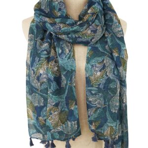 YOUR SMILE Large Boho Scarf for Women Lightweight Floral Printed Scarves Fall Winter Fashion Fringed Shawl wraps (01 Teal Leaves)