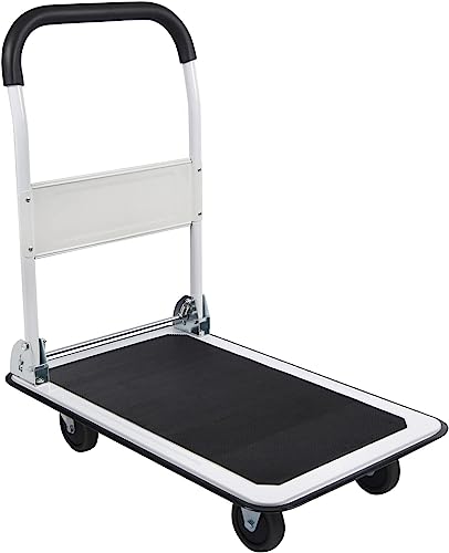 LEADALLWAY Foldable Push Cart Platform Cart 330lbs Capacity 4 Wheels 28.7x18.5x32.3inches White Small Flatbed Cart