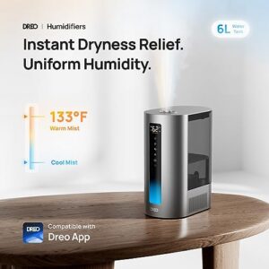 Dreo 6L Humidifiers for Bedroom, Smart Warm & Cool Mist for Large Room, 60Hr Quiet Runtime Ultrasonic Oil Diffuser for Baby, Plant, Humidity Sensor, Indicator Light, 12H Timer, Google/Alexa, HM713S