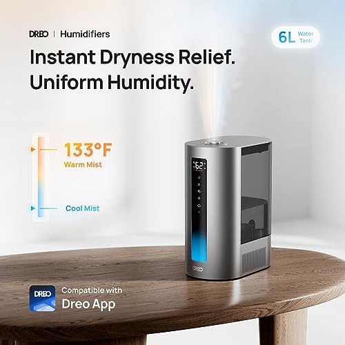 Dreo 6L Humidifiers for Bedroom, Smart Warm & Cool Mist for Large Room, 60Hr Quiet Runtime Ultrasonic Oil Diffuser for Baby, Plant, Humidity Sensor, Indicator Light, 12H Timer, Google/Alexa, HM713S