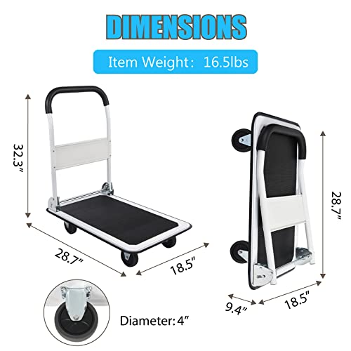 LEADALLWAY Foldable Push Cart Platform Cart 330lbs Capacity 4 Wheels 28.7x18.5x32.3inches White Small Flatbed Cart