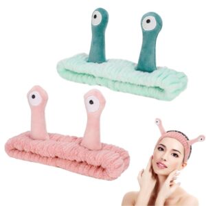 dragonflydreams cute cartoon snail headbands, 2 pack - coral - hairband for washing face, skincare makeup headbands women, soft microfiber fleece, elastic headband, hair accessories for women