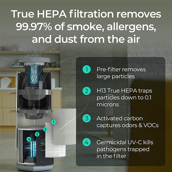 Puraclenz Core Air & Surface Purifier – H13 True HEPA Removes Allergens, Smoke, Dust, Pollen + PCO Purification Destroys Mold Spores, Viruses & Bacteria Mid-Air & On Surfaces; Covers Up To 1,575 SqFt