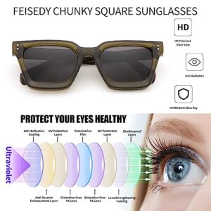 FEISEDY Sunglasses Men Women Polarized, Chunky Square Thick Frame, Rectangle UV400 Shade Sun Glasses B2396