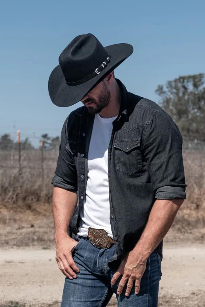 Classic-Women-Men-Western-Cowboy-Hat-Cowgirl-Hat-Wide-Brim-Outdoor-Fedora-Hat with Buckle-Belt Black