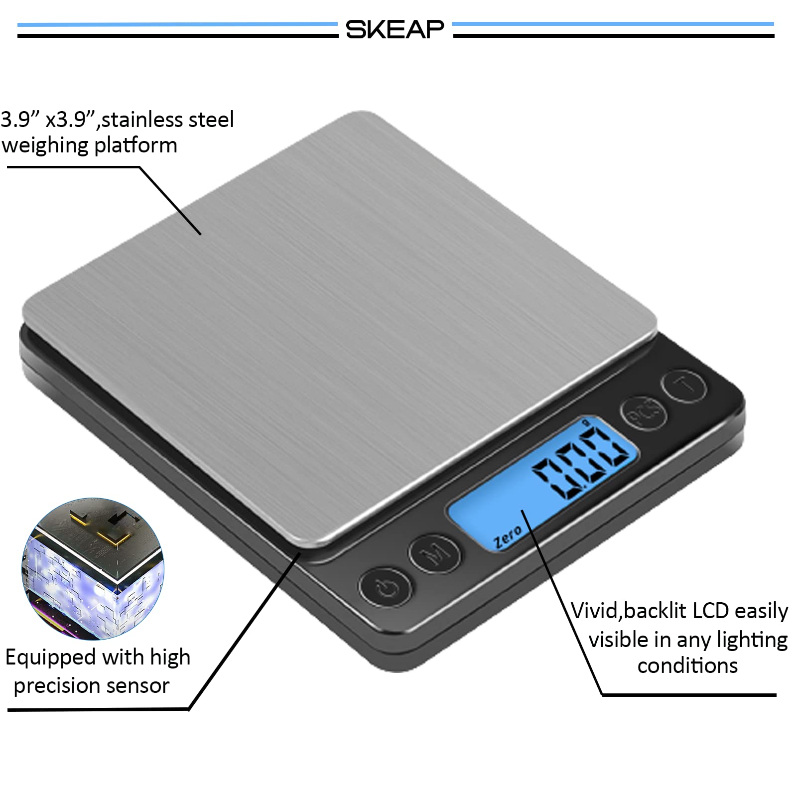 SKEAP Gram Scale 0.01g Accuracy, Food Scales Kitchen Digital Weight Grams & OZ, Jewelry Scale, High Accuracy Gram Scale, Digital Scale with Charging,Batteries and USB Cable Included