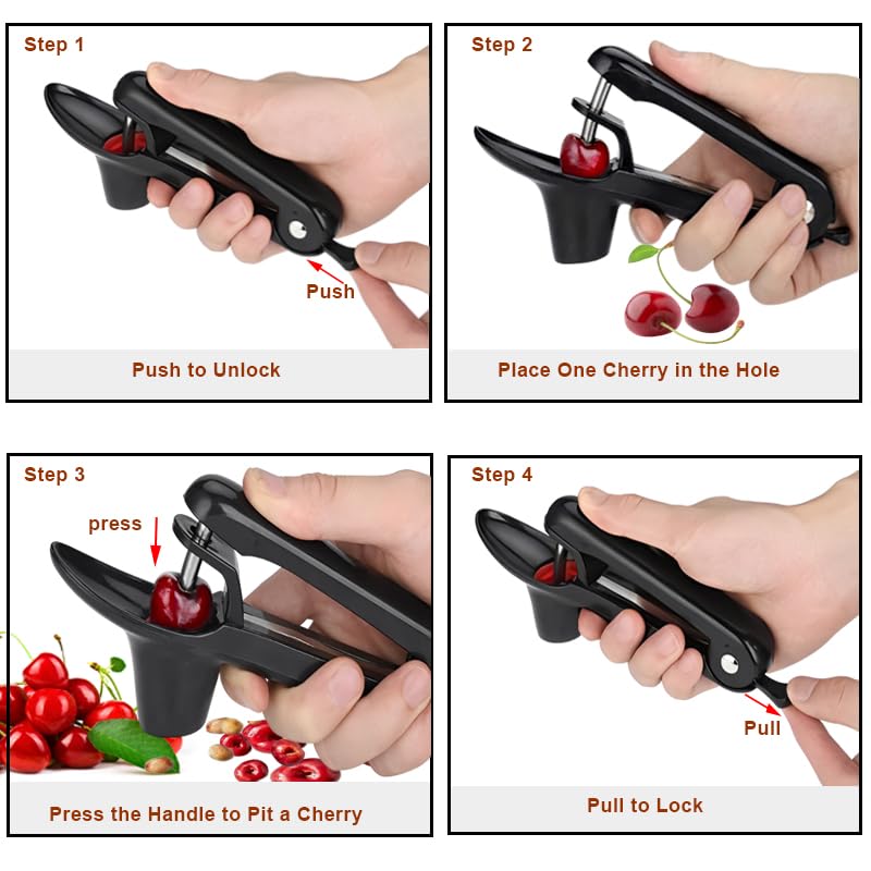 Cherry Pitter - Stainless Steel Olive and Cherries Pitters Corer Tool with Space-Saving Lock Design, Multi-Function Fruit Pit Remover for Cherry Jam (Black)