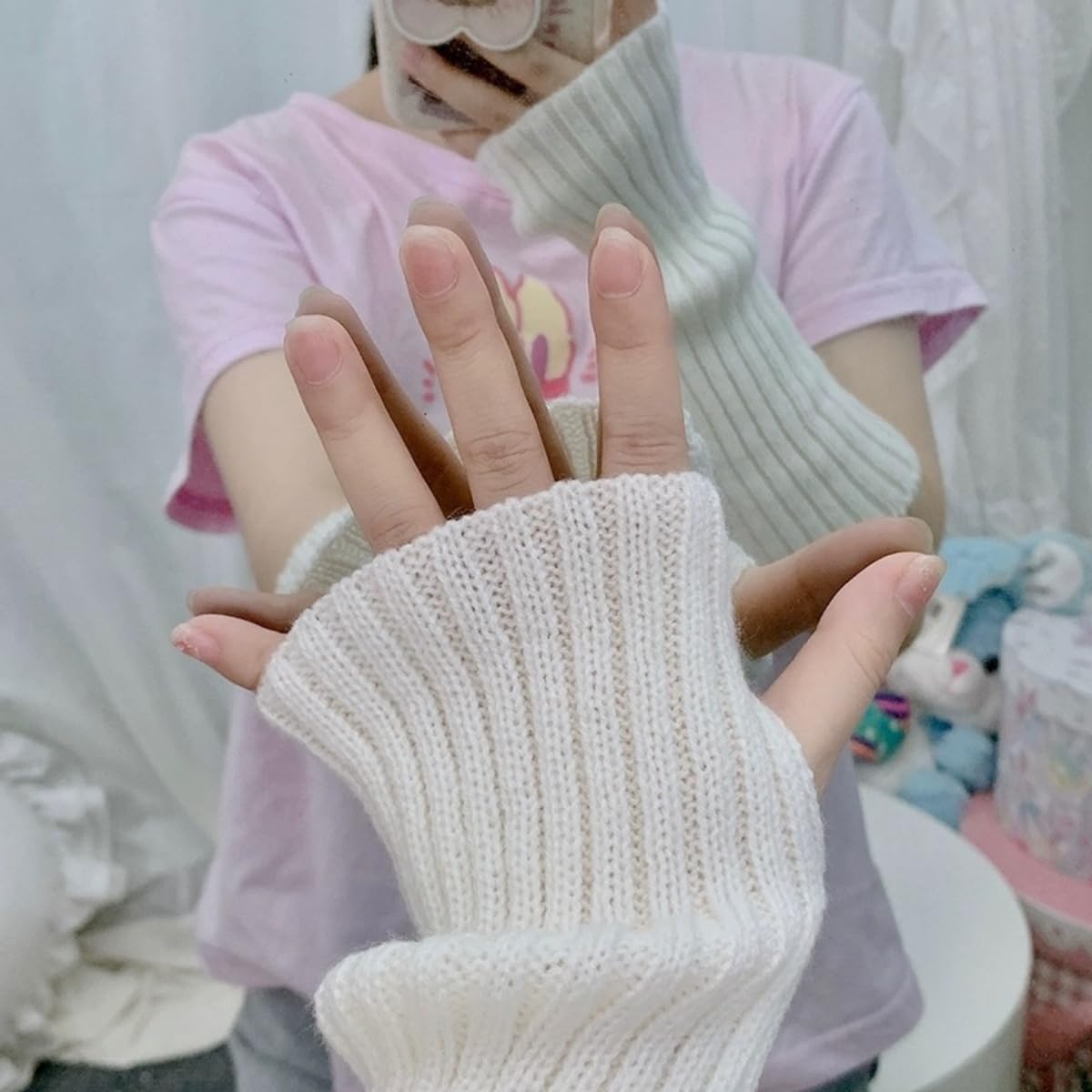 VTTDB Arm covers cute women kawaii japanese harajuku Y2k Arm Warmer for Girls Goth Gloves Fingerless Knitted Arm Sleeve (white)