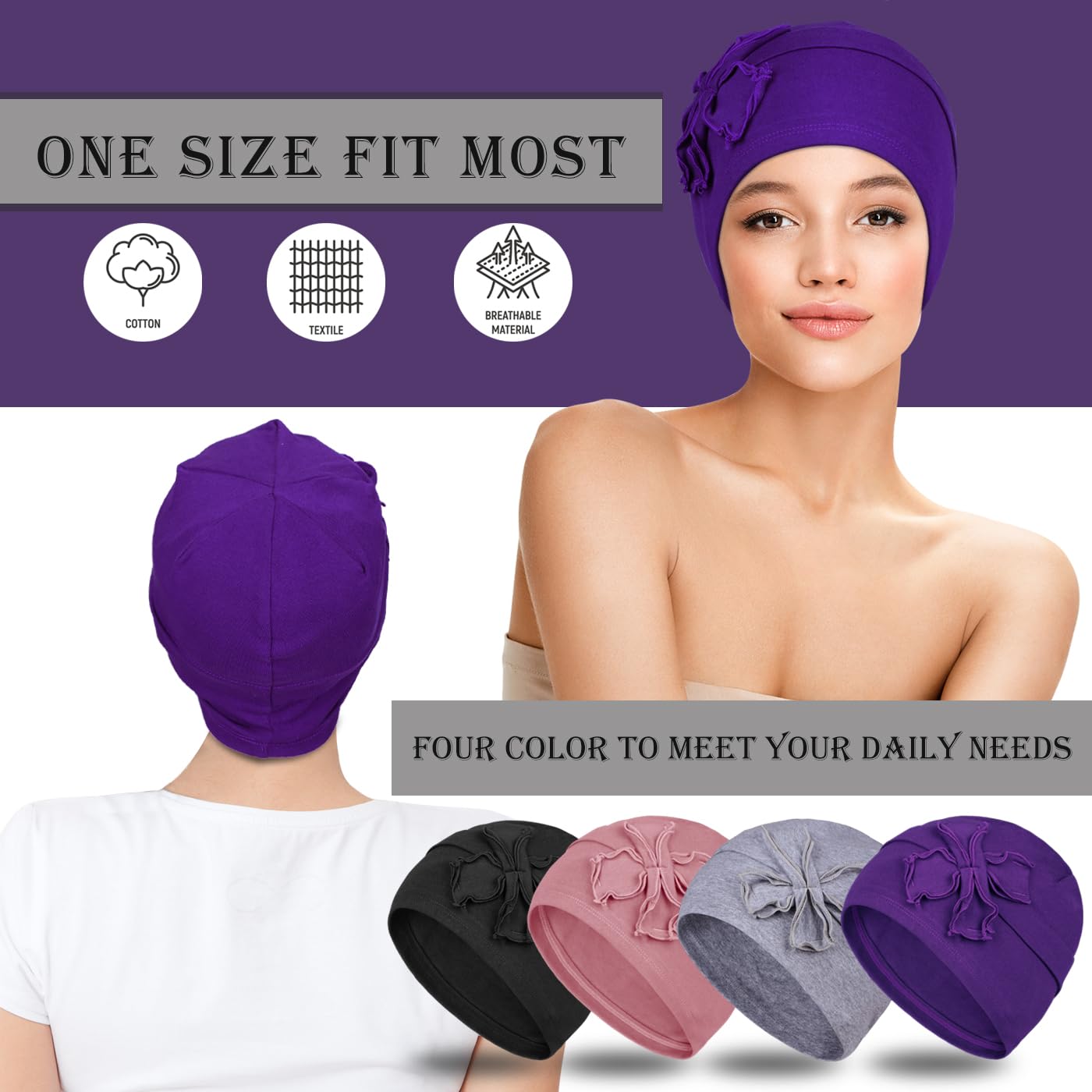 DACKRITO 4 Pieces Cotton Chemo Turbans Headwear Beanie for Women, Chemo Caps with Floral for Cancer Patient Hair Loss (Group-2)