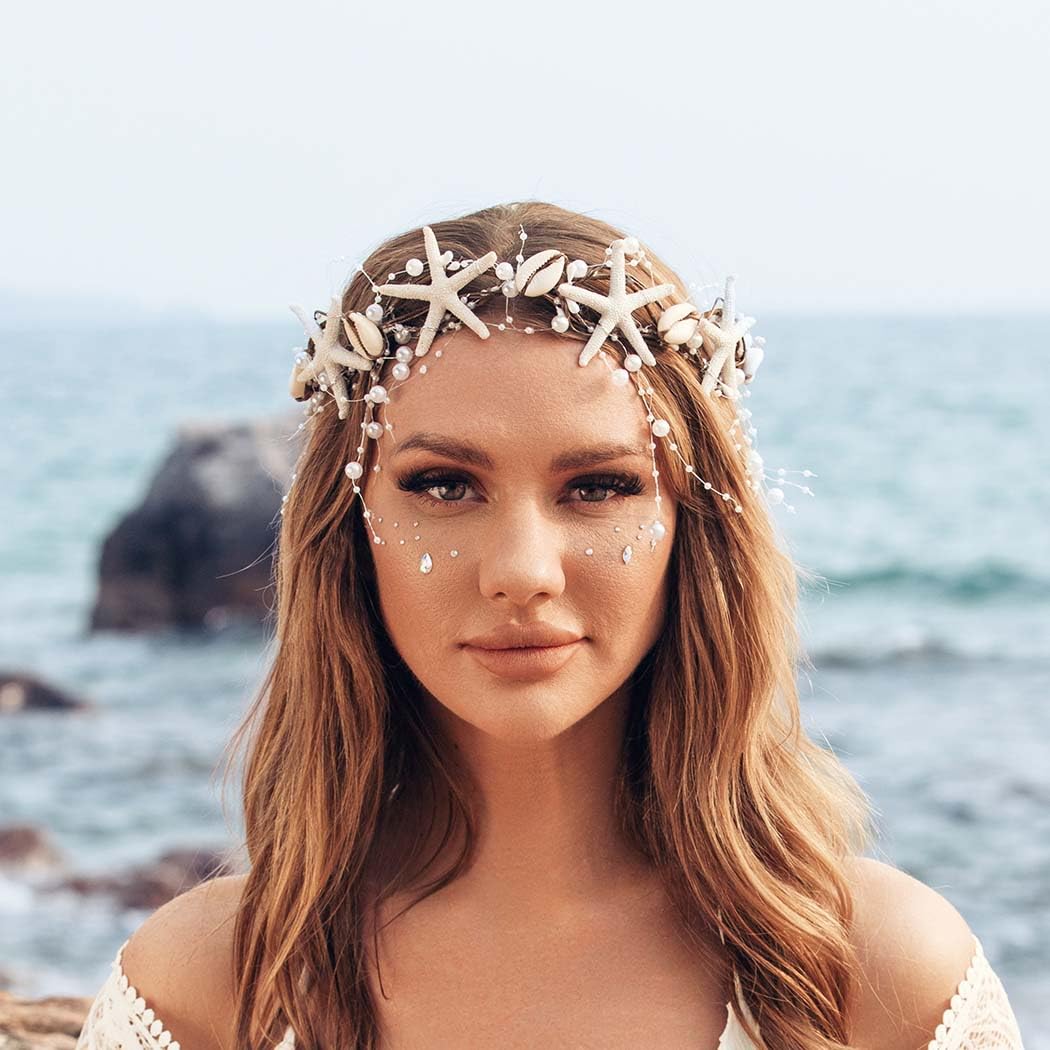 CASDRE Starfish Bride Wedding Headband Brown Pearl Bridal Hair Vine Shell Headpiece Beach Wedding Hair Accessories for Women and Girls