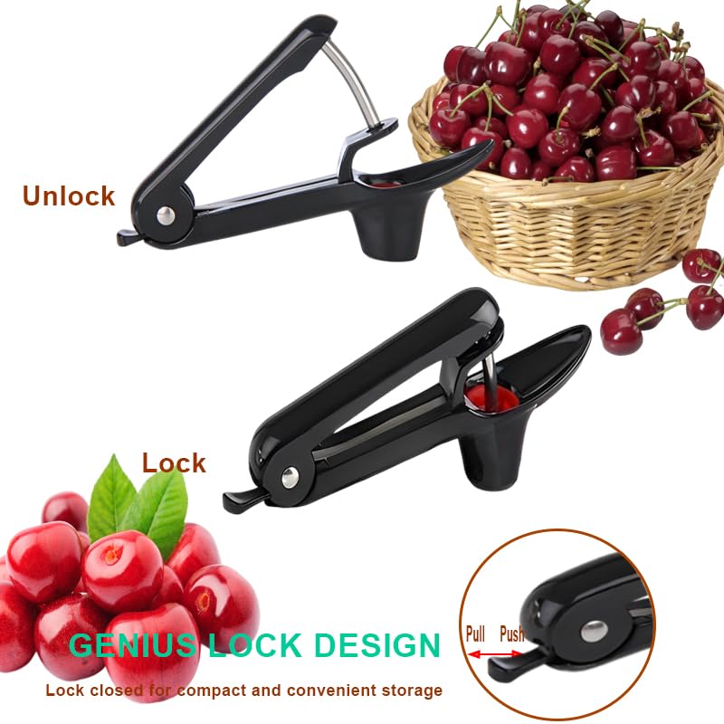 Cherry Pitter - Stainless Steel Olive and Cherries Pitters Corer Tool with Space-Saving Lock Design, Multi-Function Fruit Pit Remover for Cherry Jam (Black)