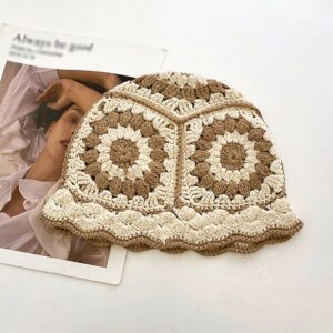 XYIYI Beige Women Crochet Bucket Hat Knit Handmade Foldable Beach Hat Cute Hand Woven Fishing Hat