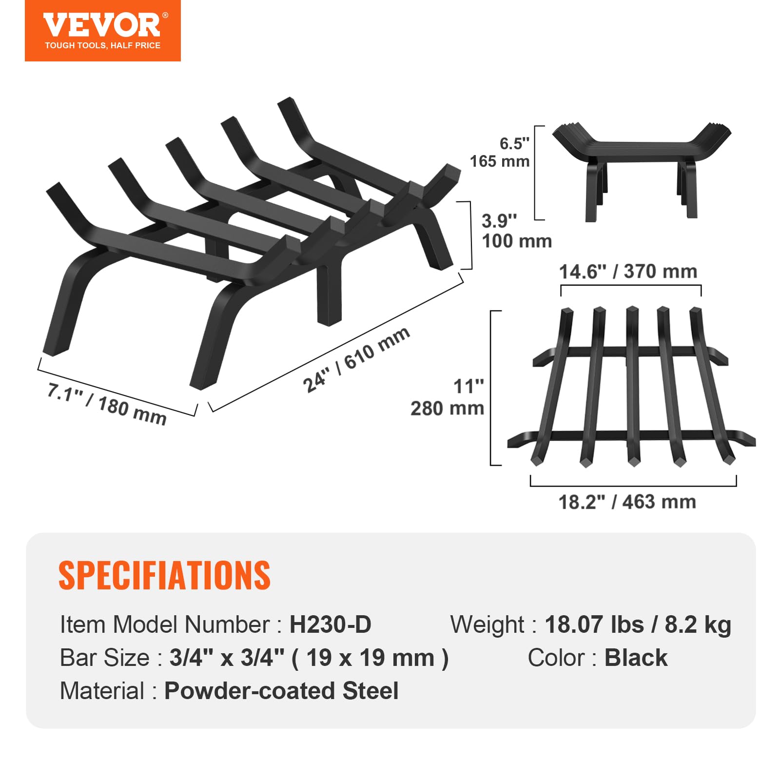 VEVOR Fireplace Grate, 24 inch Heavy Duty Fireplace Pit Grill Grate with 6 Support Legs, 3/4'' Solid Powder-Coated Steel Bars, Fire Logs Firewood Burning Rack Holder for Indoor and Outdoor Fireplace