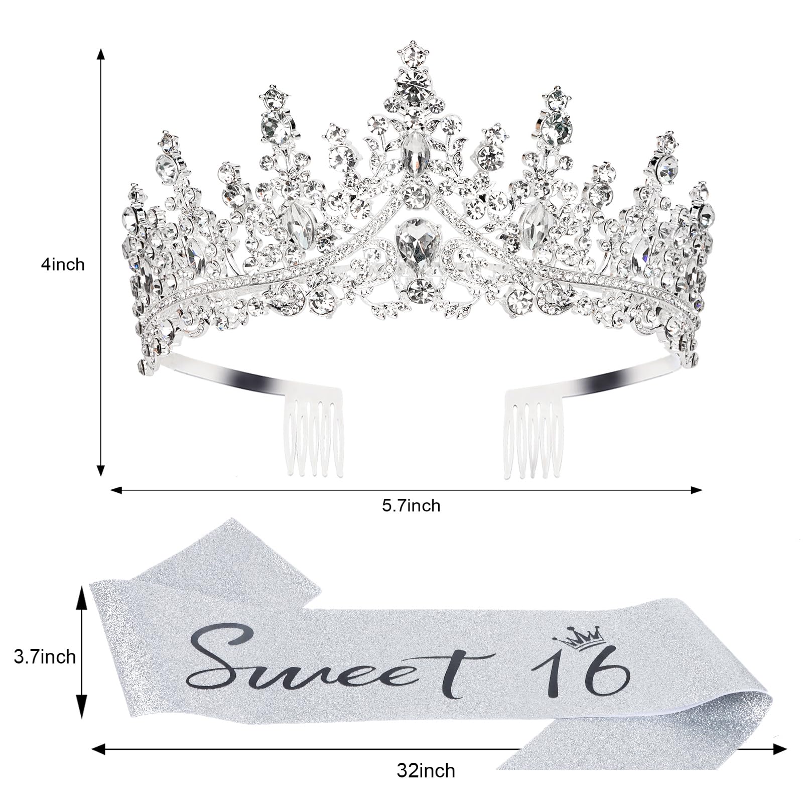 Casoty Sweet 16 Birthday Sash, Tiara Set with Pearl Pin, and Decorations for Girls