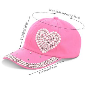 Toulite 3 Pcs Baseball Cap for Women Bling Heart Baseball Cap Studded Rhinestone Pearl Baseball Cap Shiny Baseball Cap for Women, Red Cream Pink