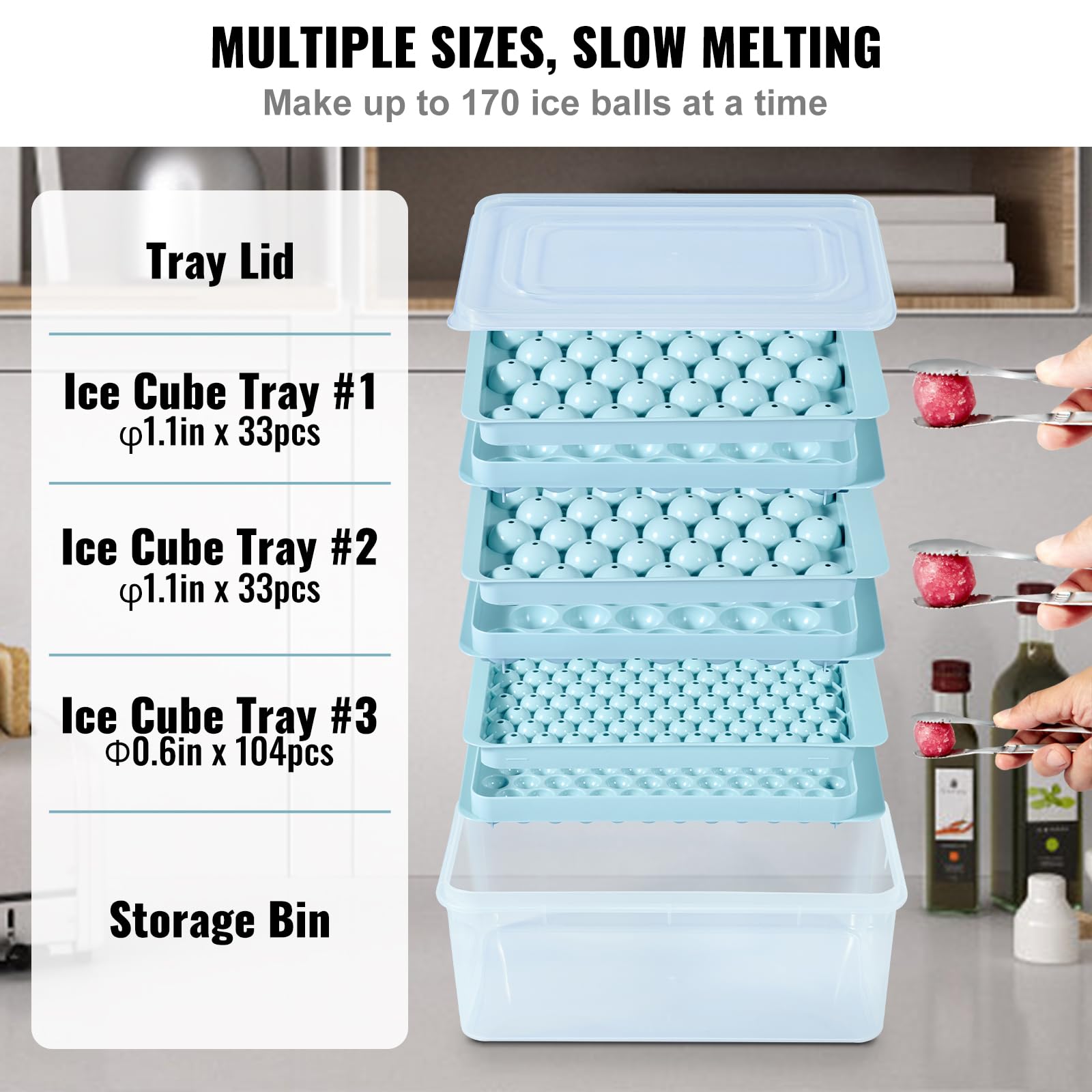 VEVOR Ice Cube Tray, 3 Pack 170 Balls Mini Ice Cube Tray for Freezer, 2x33pcs and 1x104pcs Sphere Ice Cube Making for Chilling Cocktail Whiskey Tea Coffee, Include Ice Trays & Ice Bin & Scoop