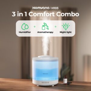 Homvana Small Humidifiers for Bedroom, 1.8L Cool Mist Top Fill Humidifier for Baby Nursery, Essential Oil Diffuser, 3 in 1 for Home Plants Offices and Grow Tents, 7 Color Nightstand Light, Ultrasonic