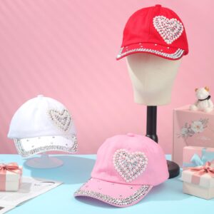 Toulite 3 Pcs Baseball Cap for Women Bling Heart Baseball Cap Studded Rhinestone Pearl Baseball Cap Shiny Baseball Cap for Women, Red Cream Pink