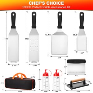 10PCS Griddle Accessories Kit, CEKEE Flat Top Grill Accessories Set and Burger Press for Blackstone and Camp Chef, Grill Spatula Set with Enlarged Spatulas, Scraper for Outdoor BBQ Cooking