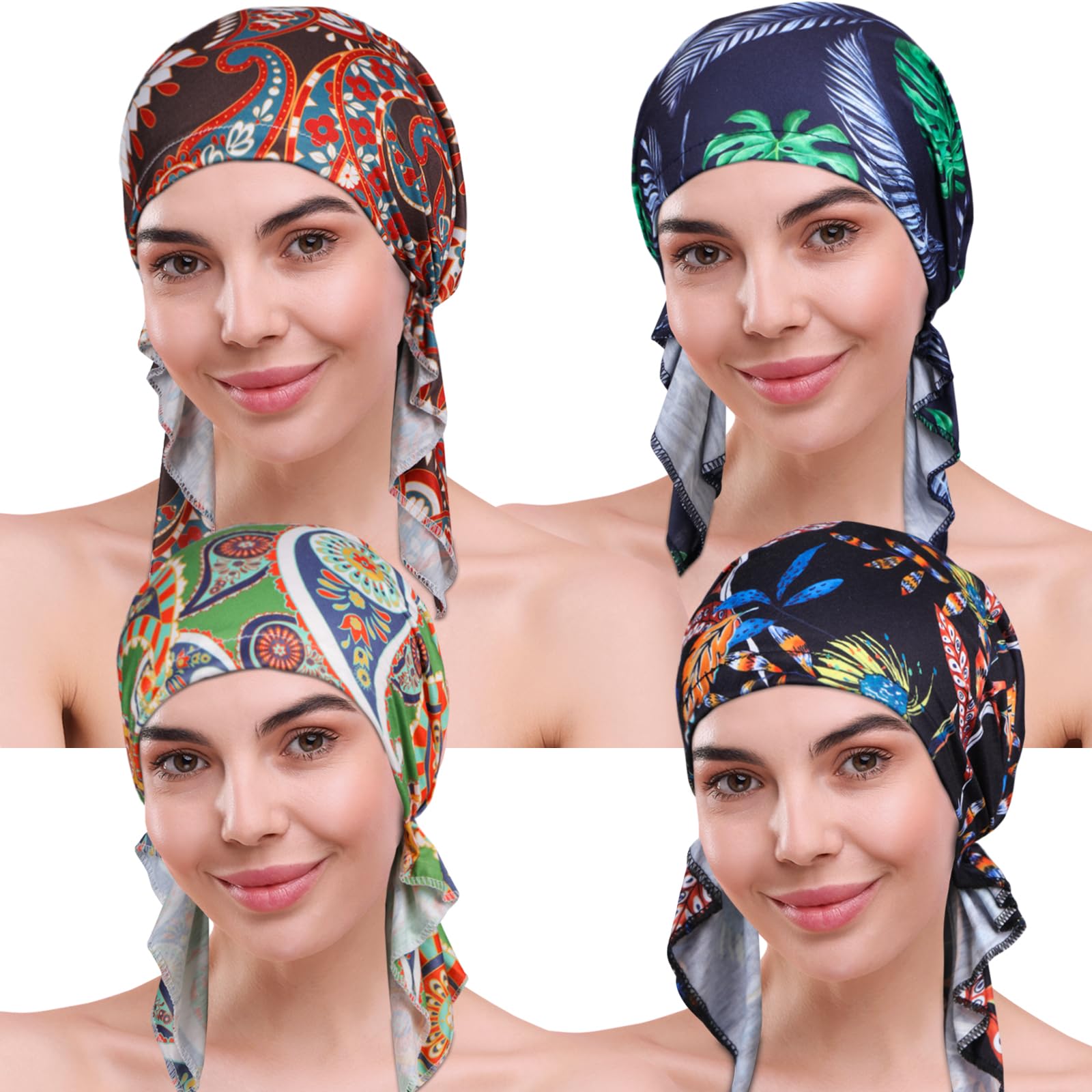 DACKRITO 4 Pieces Chemo Headwear for Women, Pre-Tied Head Scarf Cancer Headwear for Hair Loss