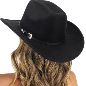 Classic-Women-Men-Western-Cowboy-Hat-Cowgirl-Hat-Wide-Brim-Outdoor-Fedora-Hat with Buckle-Belt Black