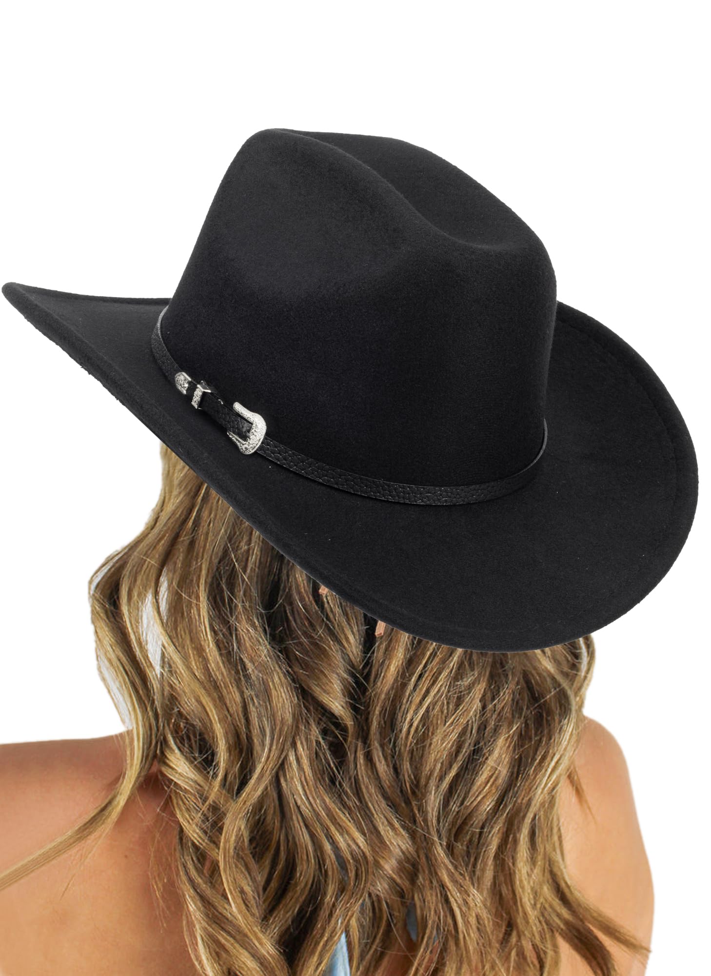 Classic-Women-Men-Western-Cowboy-Hat-Cowgirl-Hat-Wide-Brim-Outdoor-Fedora-Hat with Buckle-Belt Black