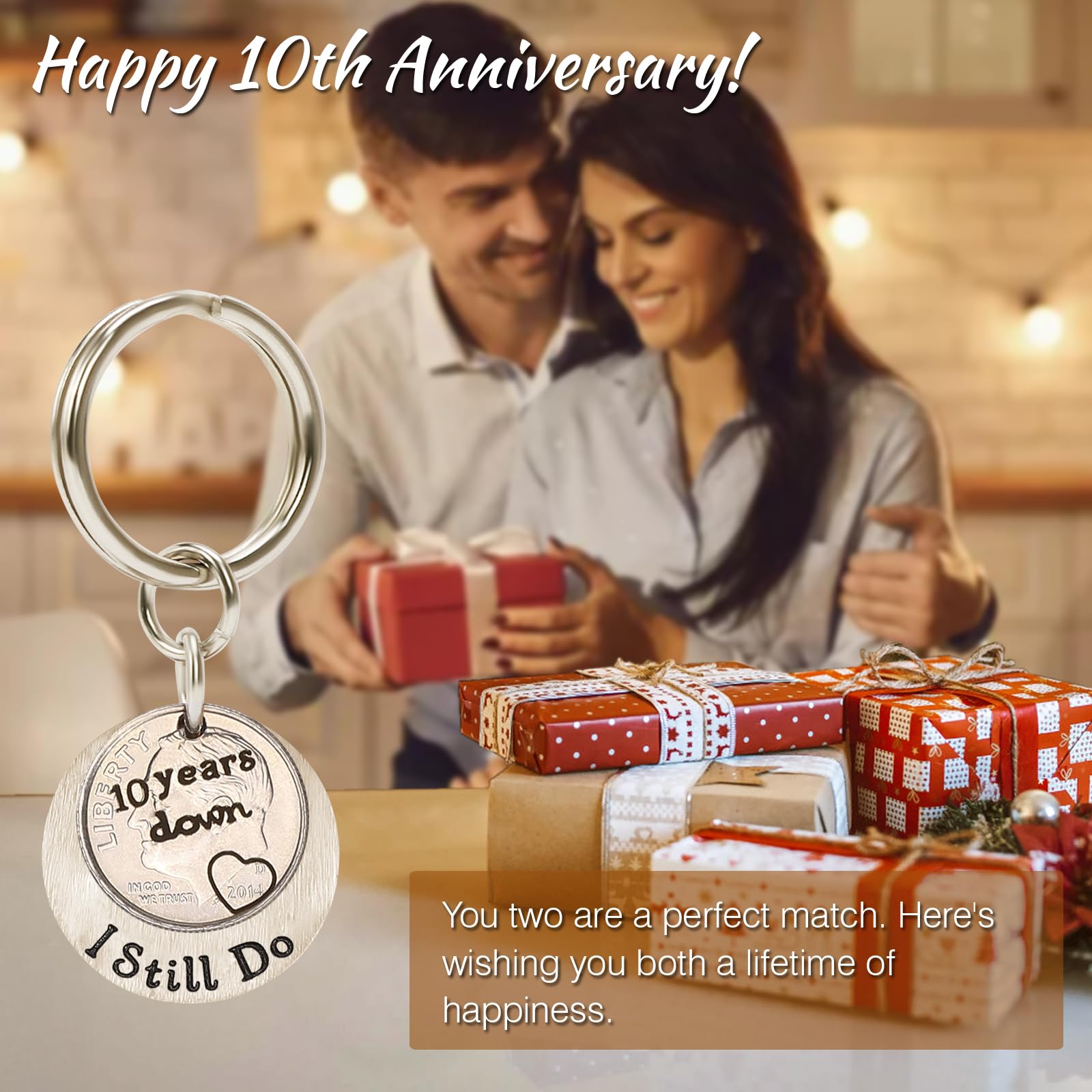 HRMYUDI 10th Anniversary Tin Gifts, 10 Years Down and I Still Do Anniversary Coin Keychain with a 2014 Dime, 10 Year Anniversary Wedding Gift for Him Her