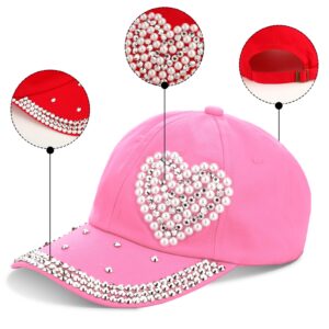 Toulite 3 Pcs Baseball Cap for Women Bling Heart Baseball Cap Studded Rhinestone Pearl Baseball Cap Shiny Baseball Cap for Women, Red Cream Pink