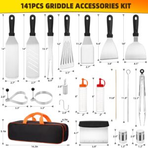 CEKEE Blackstone Griddle Accessories Kit, 141PCS Stainless Steel Grilling Accessories for Blackstone & Camp Chef, Flat Top Grill Accessories Set with Spatula, Scraper, Tongs for BBQ & Camping