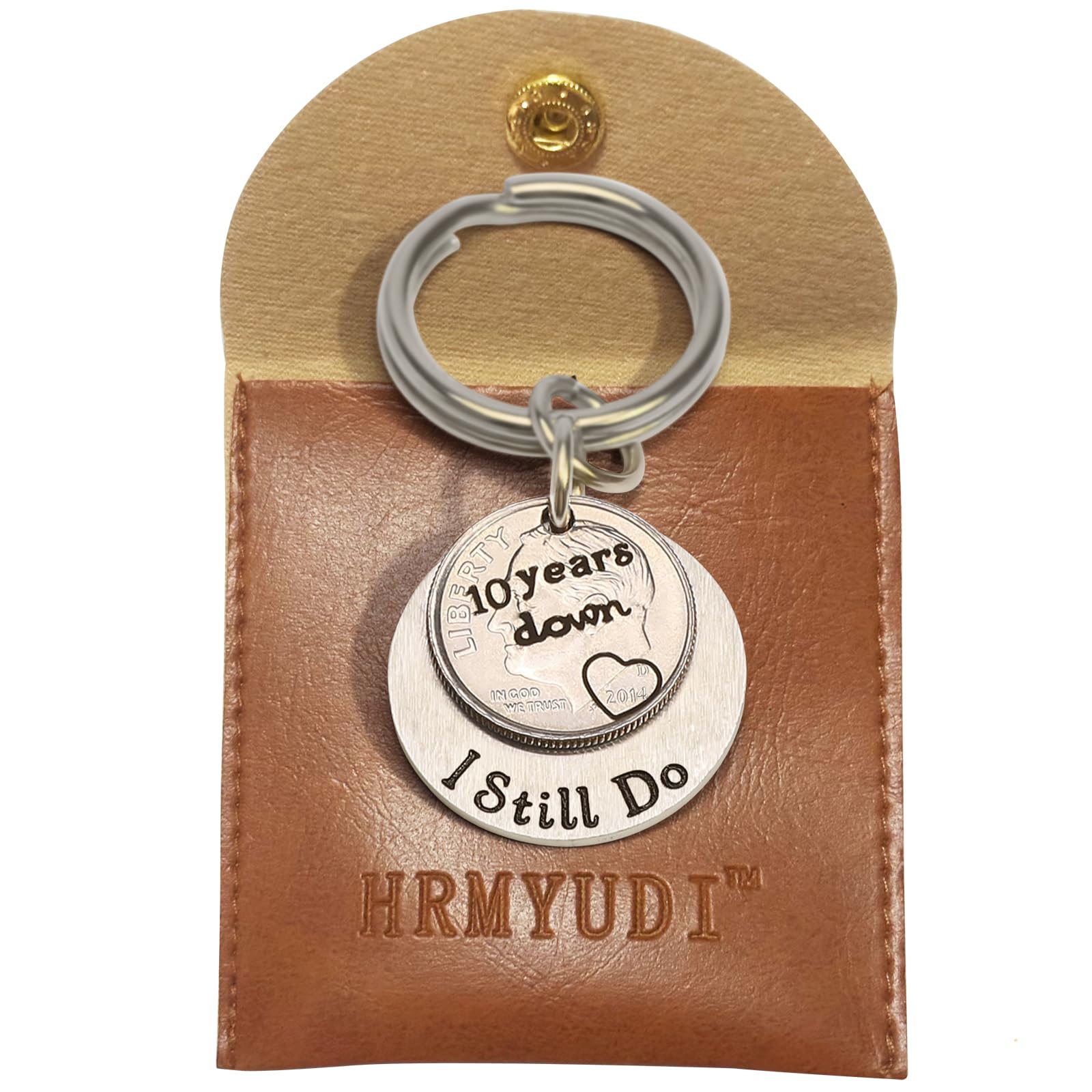 HRMYUDI 10th Anniversary Tin Gifts, 10 Years Down and I Still Do Anniversary Coin Keychain with a 2014 Dime, 10 Year Anniversary Wedding Gift for Him Her