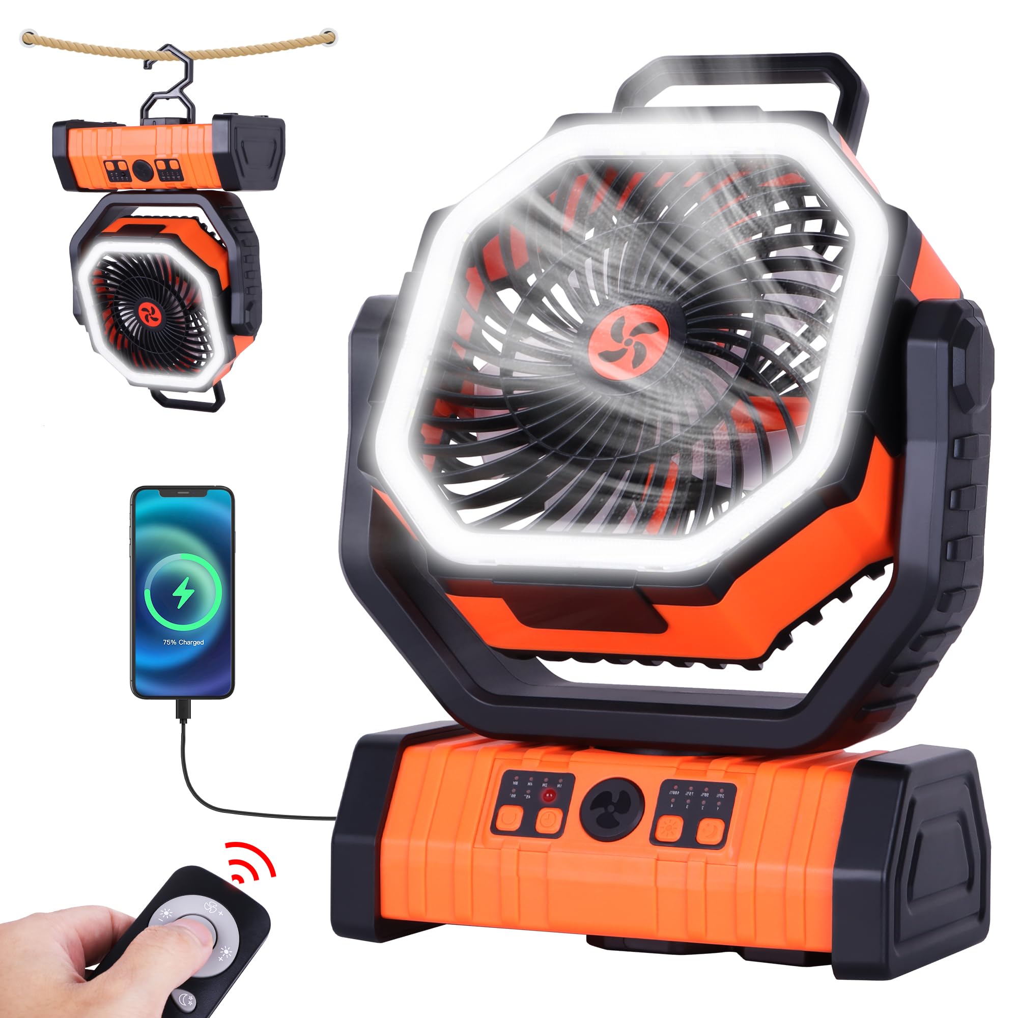 𝟐𝟎𝟎𝟎𝟎𝐦𝐀𝐡 Camping Fan Battery Powered Fan with LED Lantern, Portable Camping Fan for tents, 8H Timer & 270°Osicllating Fan Rechargeable Battery Operated Fan, USB Desk Fan Beach Fan with Hook