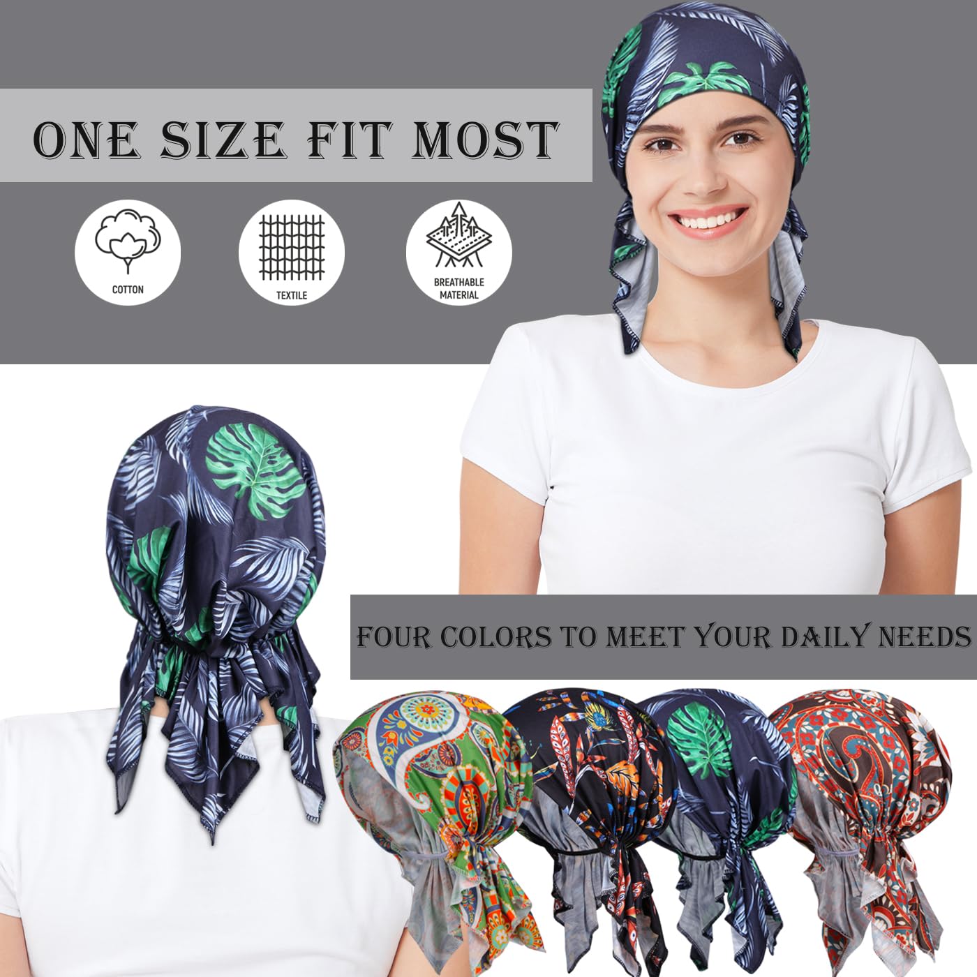 DACKRITO 4 Pieces Chemo Headwear for Women, Pre-Tied Head Scarf Cancer Headwear for Hair Loss