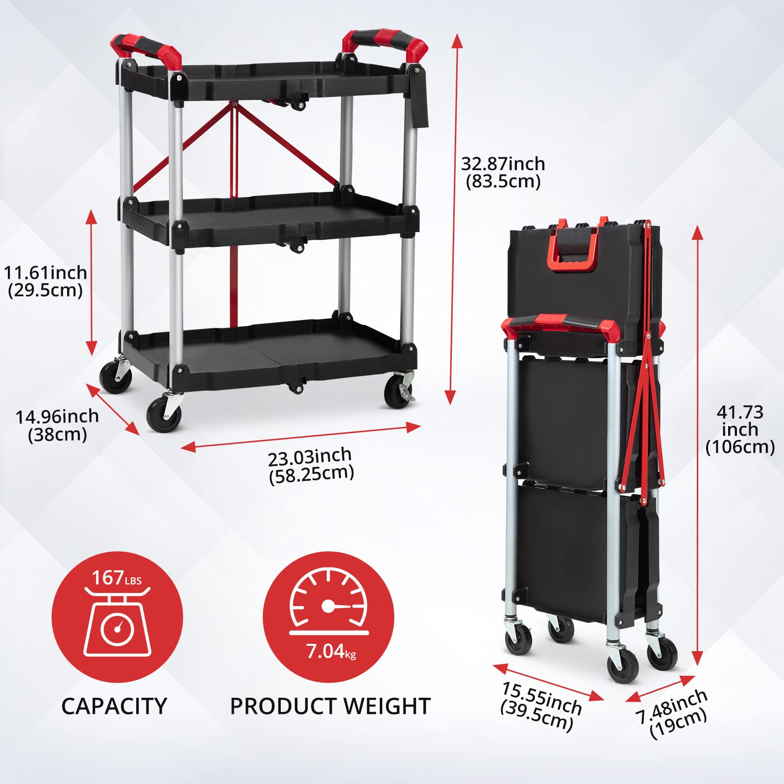 Portable Folding Service Cart,PioneerWorks 3 Tier Collapsible Push Cart,56 lbs Load Capacity/Shelf.Lockable Wheels,Ideal Rolling Tool Storage Organizer for Garage,Workshop & Industrial Use.