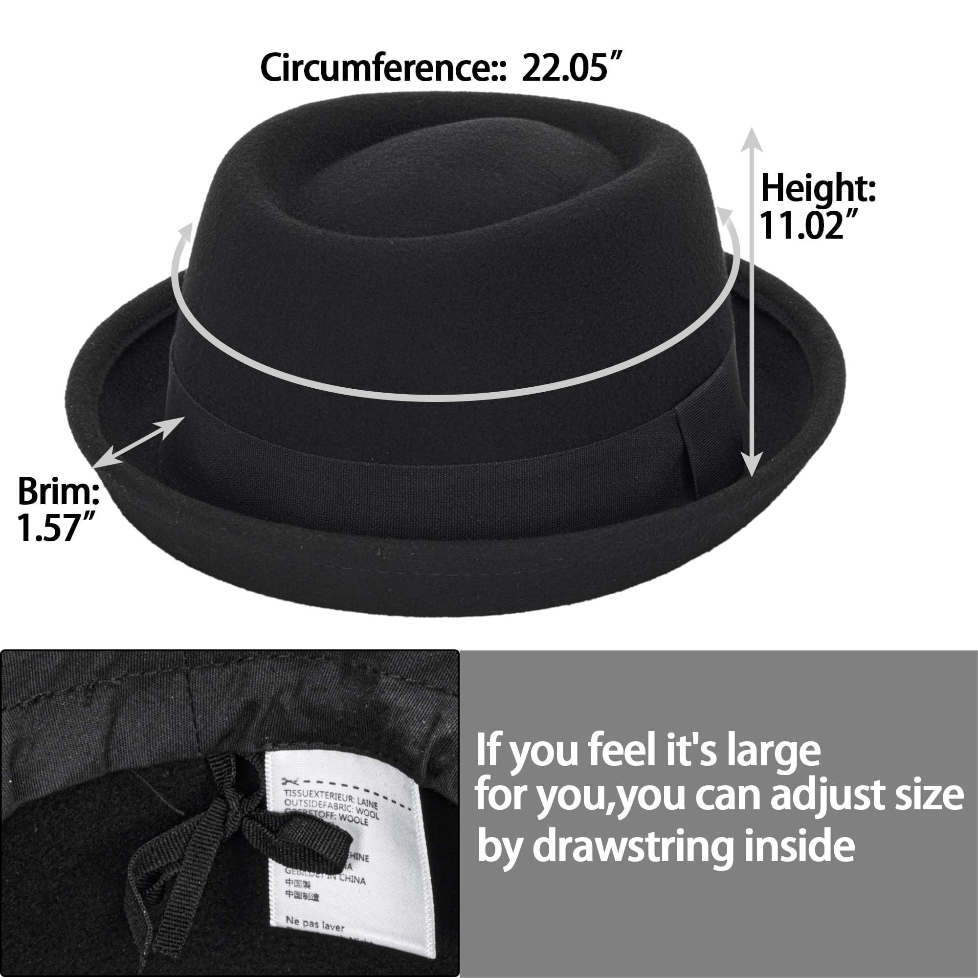 Mens-Pork-Pie-Hat Flat-Top-Bowler-Hat Wool-Fedora-Hat for Women