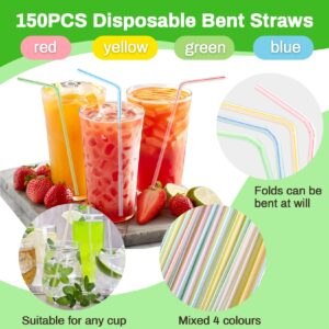 MAQIHAN 150PCS Disposable Plastic Drinking Straws - Flexible Drinking Straws Long Plastic Straws Drinking Straws Bendable Colorful PP Plastic Straws for Home Use Milk Juice Drinks