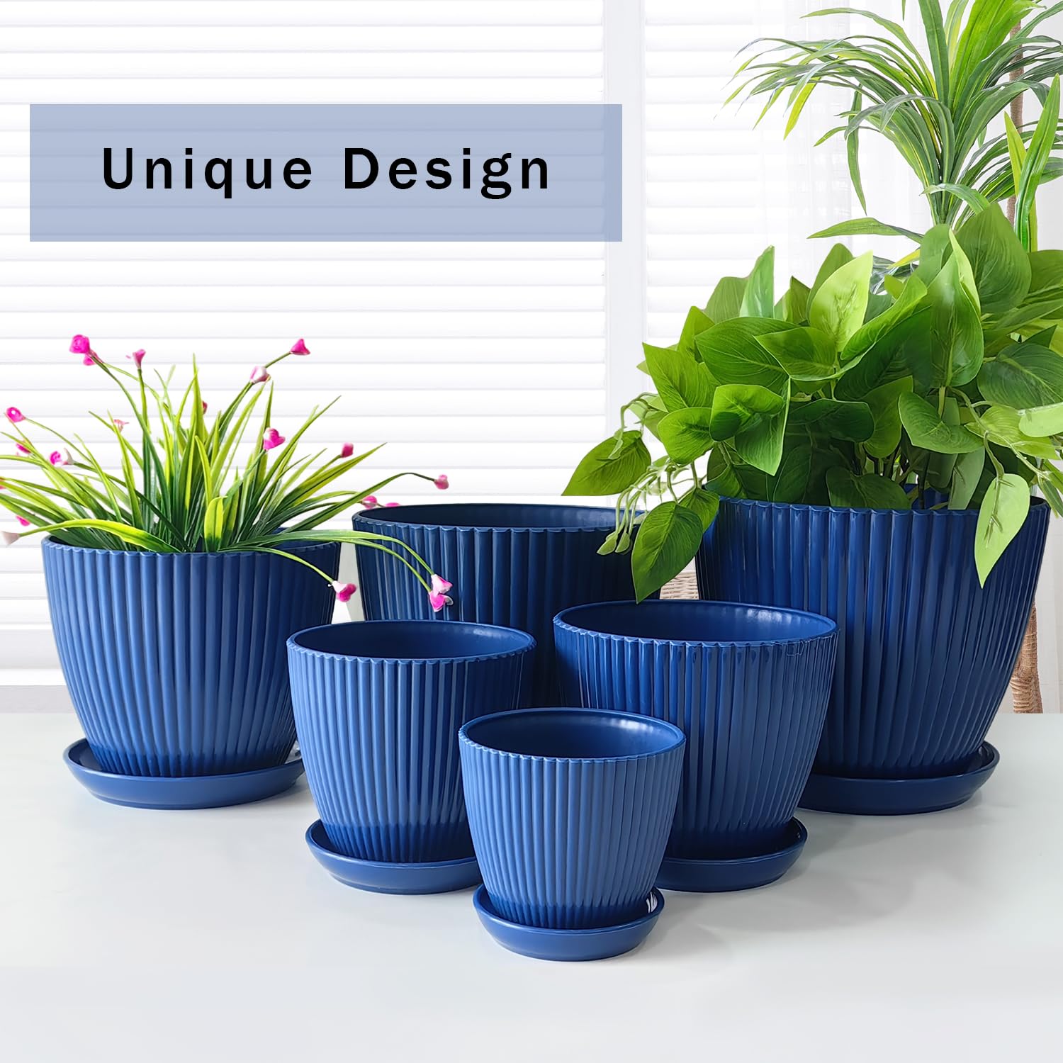 RooTrimmer 7.5/6.5/5.5/4.9/4.2/3.5 inches Plant Planters 6 Pack, Thick Sturdy Plastic Pots for Plants, Indoor/Outdoor 6 Sizes Flower Pots with Drainage Holes and Saucers (6 Sizes,Dark-Blue)