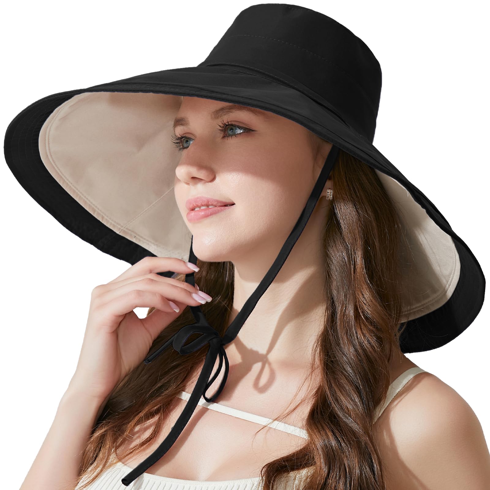 KEYDUACU 7" Women's Wide Brim Sun Hat, Large Foldable UV Protective Sun Hat, can be Worn on Both Sides, Suitable for Beach, Gardening, Travelling, Hiking（Black/White）