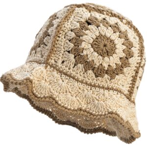 XYIYI Beige Women Crochet Bucket Hat Knit Handmade Foldable Beach Hat Cute Hand Woven Fishing Hat